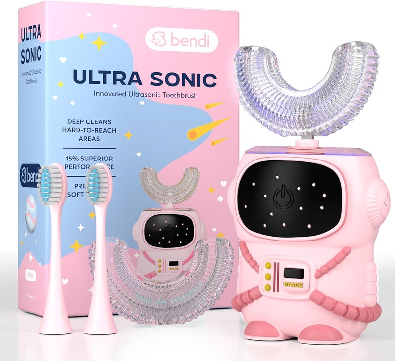 Bendi Sensory 360 Round U-Shaped Astronaut Design Mouthguard Electric Toothbrush for Kids Ages 2-7 - Automatic Memory Function - 5 Modes Toothbrush with Multiple Heads – Kids Travel Essentials (Pink) - Image 1